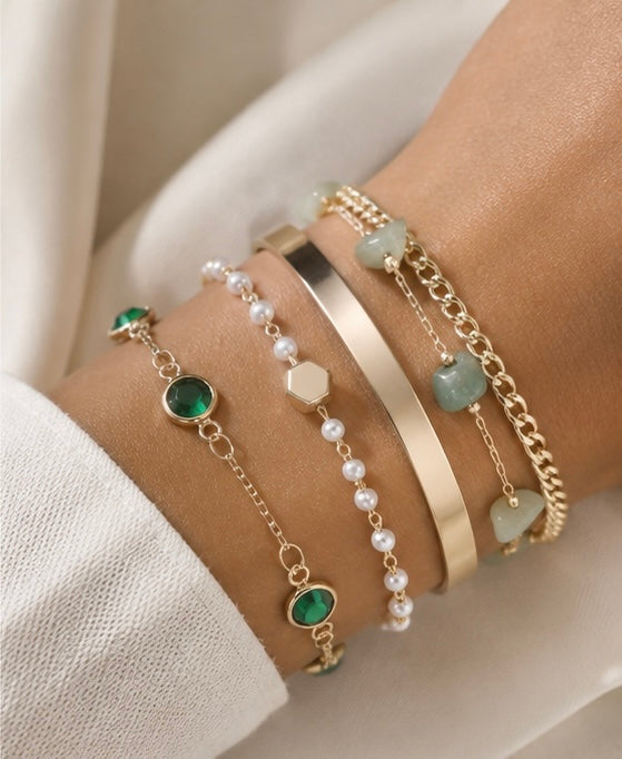 Sage Green & Gold Bracelet Set | 5 Piece Layered Jewellery