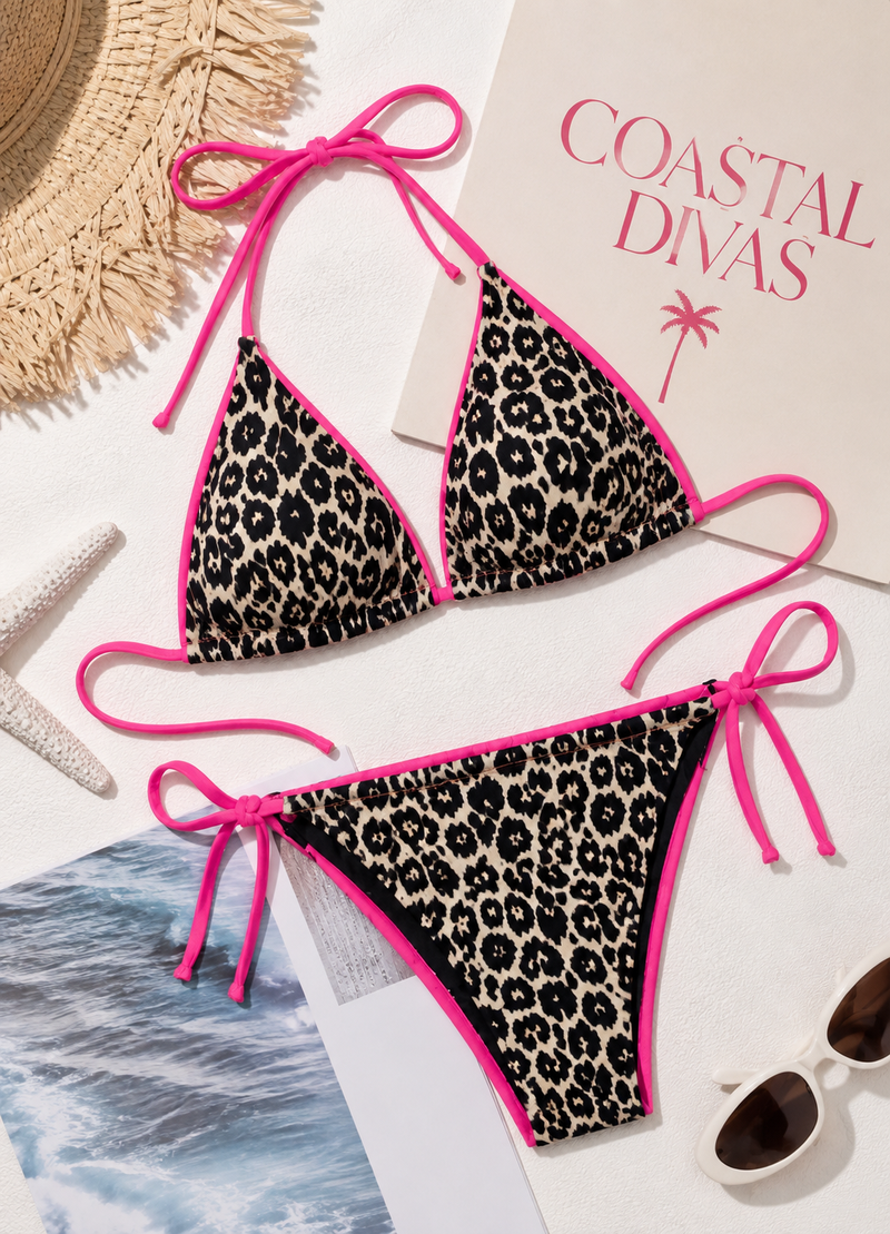 Leopard Print Triangle Bikini Set with Hot Pink Trim