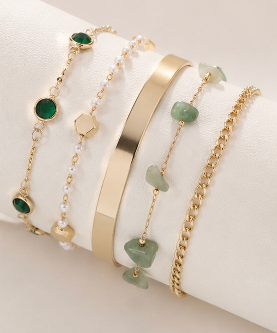 Sage Green & Gold Bracelet Set | 5 Piece Layered Jewellery