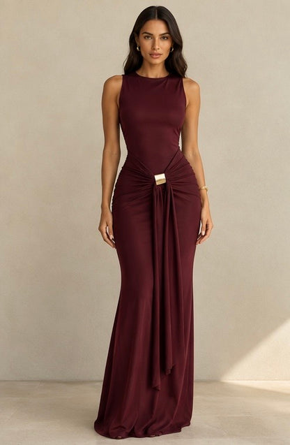Burgundy Draped Maxi Dress with Gold Detail | Coastal Divas