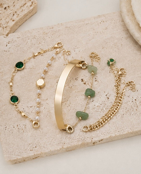 Sage Green & Gold Bracelet Set | 5 Piece Layered Jewellery