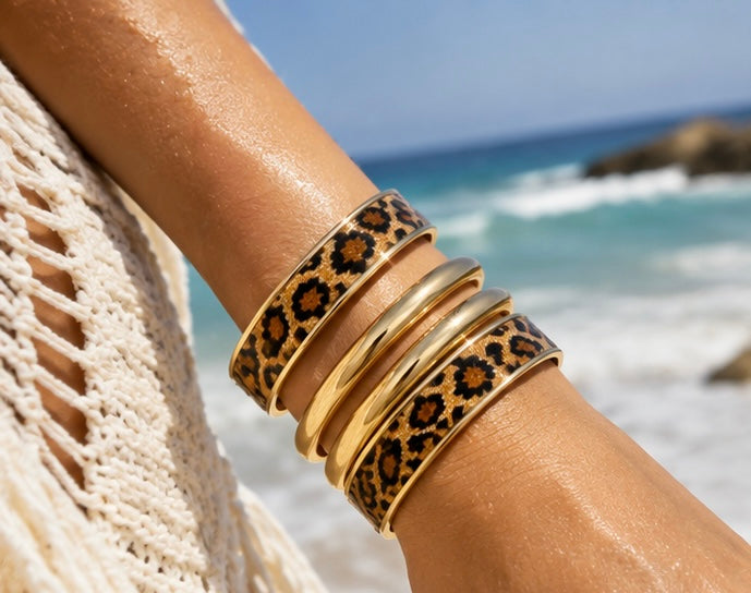 Leopard Print & Gold Bangle Set – 4 Piece