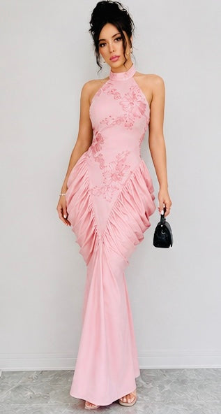 Pink Floral Embroidered Halter Neck Maxi Dress | Coastal Divas