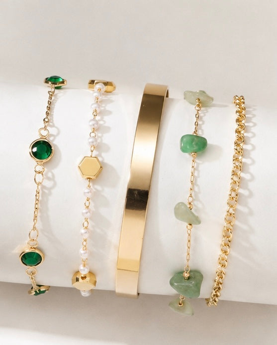 Sage Green & Gold Bracelet Set | 5 Piece Layered Jewellery