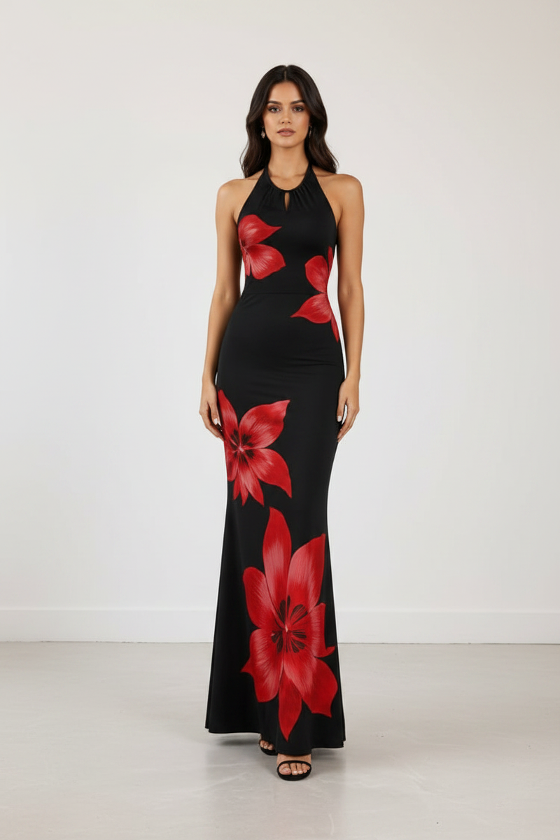Coastal Divas Black & Red Floral Halter Maxi Dress