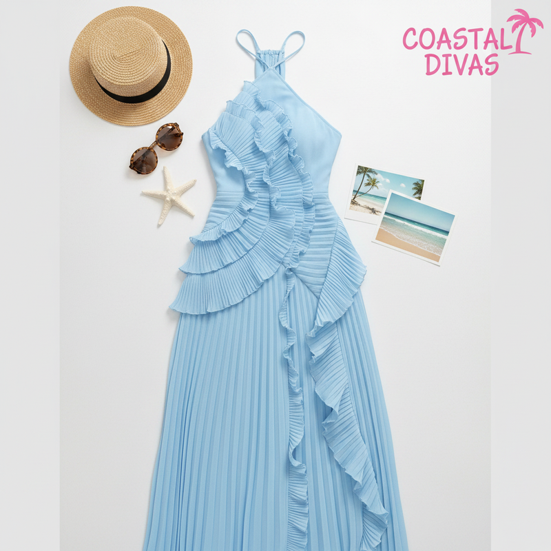 Sky Blue Pleated Ruffle One-Shoulder Maxi Dress