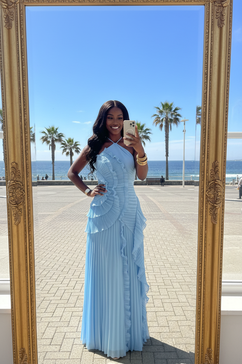 Sky Blue Pleated Ruffle One-Shoulder Maxi Dress