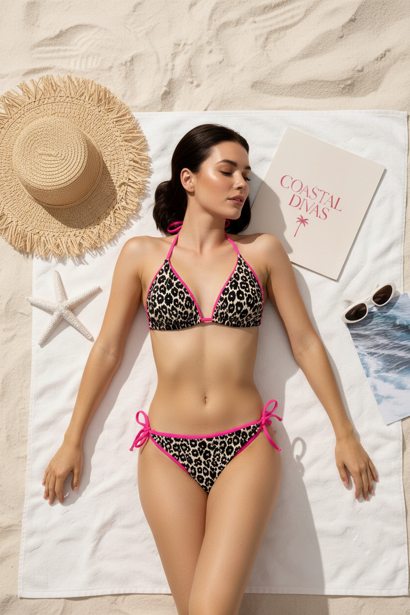 Leopard Print Triangle Bikini Set with Hot Pink Trim