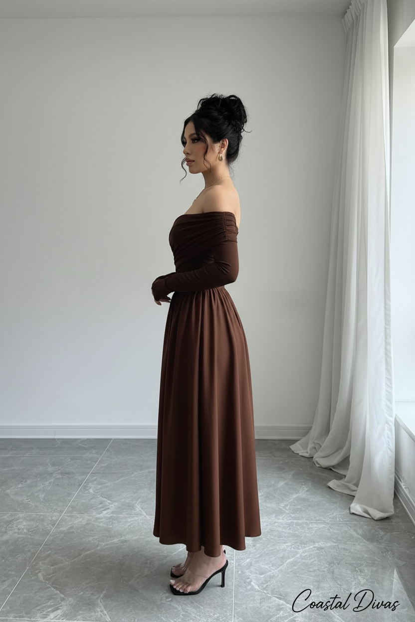 Coastal Divas Brown Off-Shoulder Midi Dress