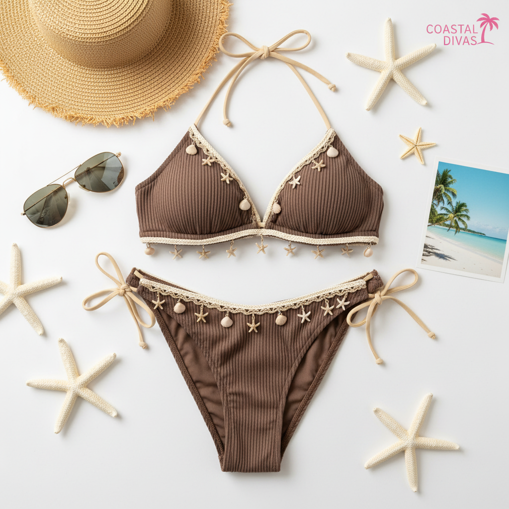 Brown Textured Shell & Starfish Bikini Set