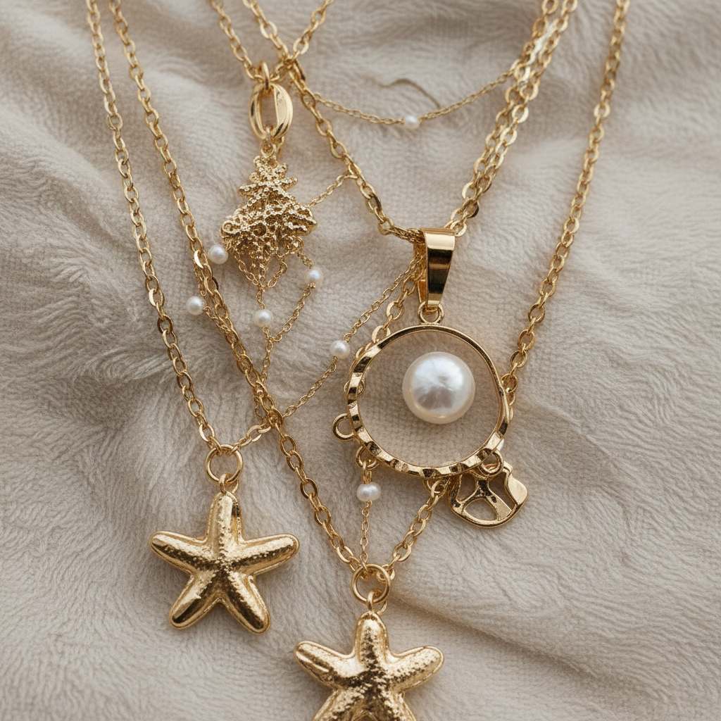 4PCS Boho Starfish & Faux Shell Faux Pearl Multilayer Pendant Necklace