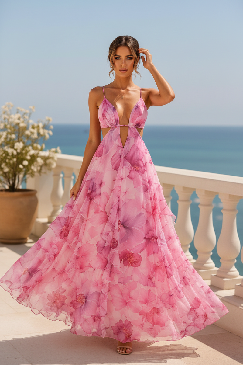 Pink Floral Chiffon Maxi Dress | Coastal Divas