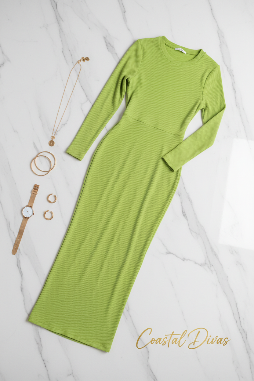 Coastal Divas Lime Green Ribbed Maxi Dress