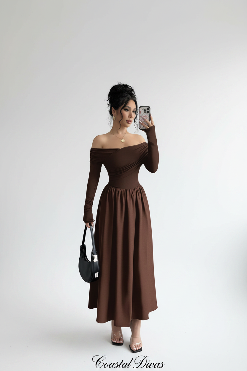 Coastal Divas Brown Off-Shoulder Midi Dress