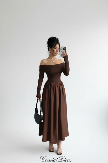 Brown Off-Shoulder Midi Dress | Coastal Divas