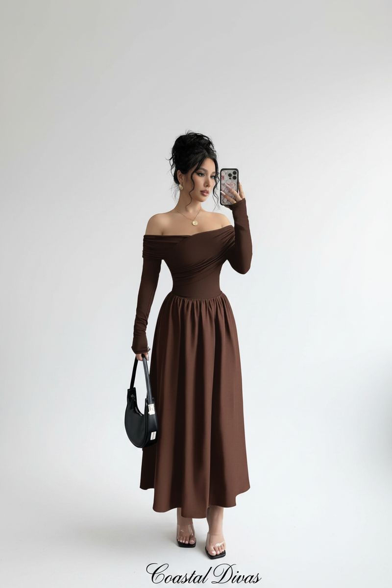 Coastal Divas Brown Off-Shoulder Midi Dress