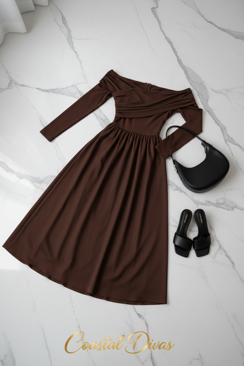 Coastal Divas Brown Off-Shoulder Midi Dress