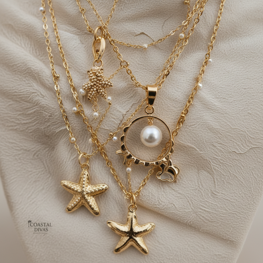 4PCS Boho Starfish & Faux Shell Faux Pearl Multilayer Pendant Necklace