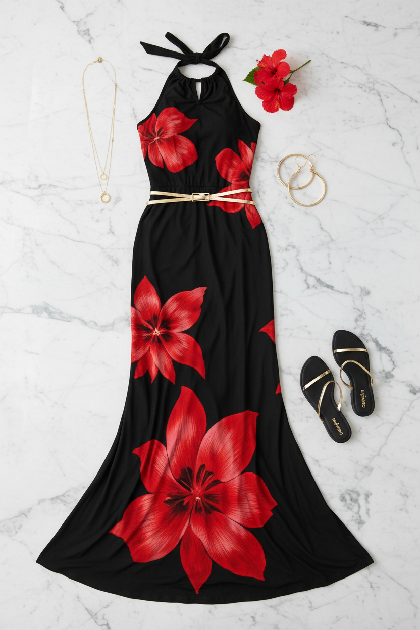 Coastal Divas Black & Red Floral Halter Maxi Dress