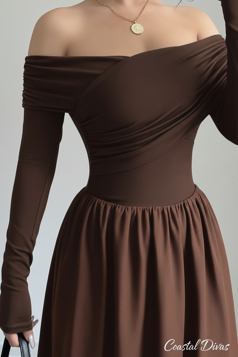 Coastal Divas Brown Off-Shoulder Midi Dress