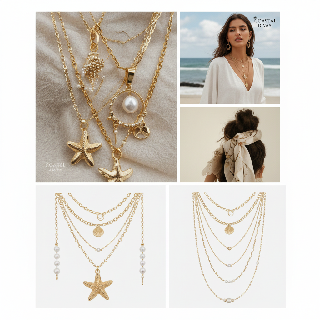4PCS Boho Starfish & Faux Shell Faux Pearl Multilayer Pendant Necklace