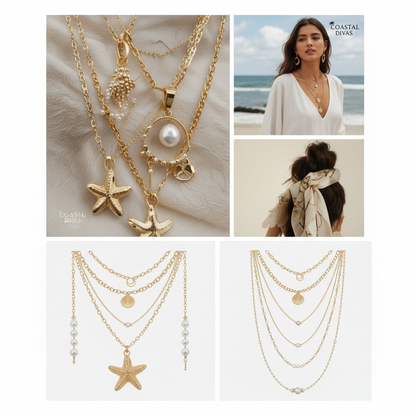 4PCS Boho Starfish &amp; Faux Shell Faux Pearl Multilayer Pendant Necklace | Coastal Divas