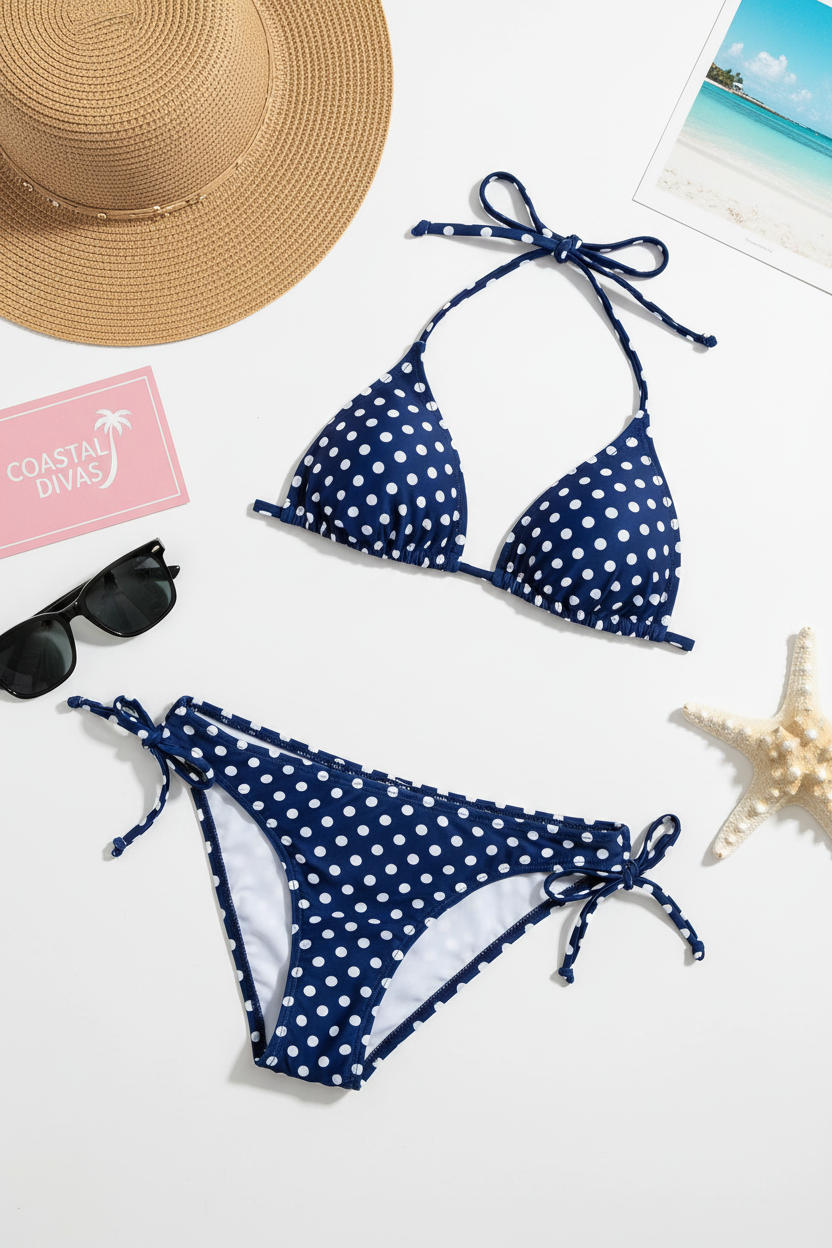 Navy Polka Dot Halter Bikini Set