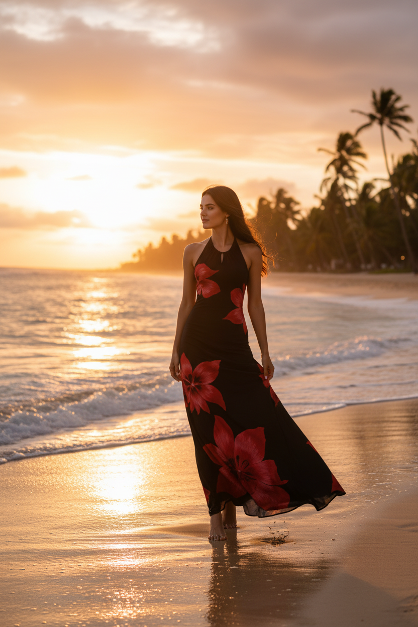 Coastal Divas Black & Red Floral Halter Maxi Dress
