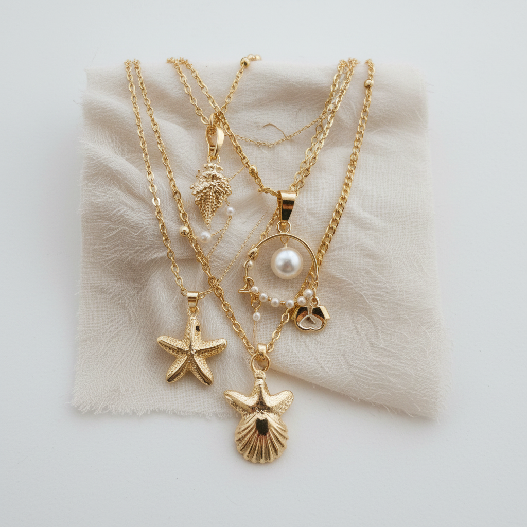 4PCS Boho Starfish & Faux Shell Faux Pearl Multilayer Pendant Necklace
