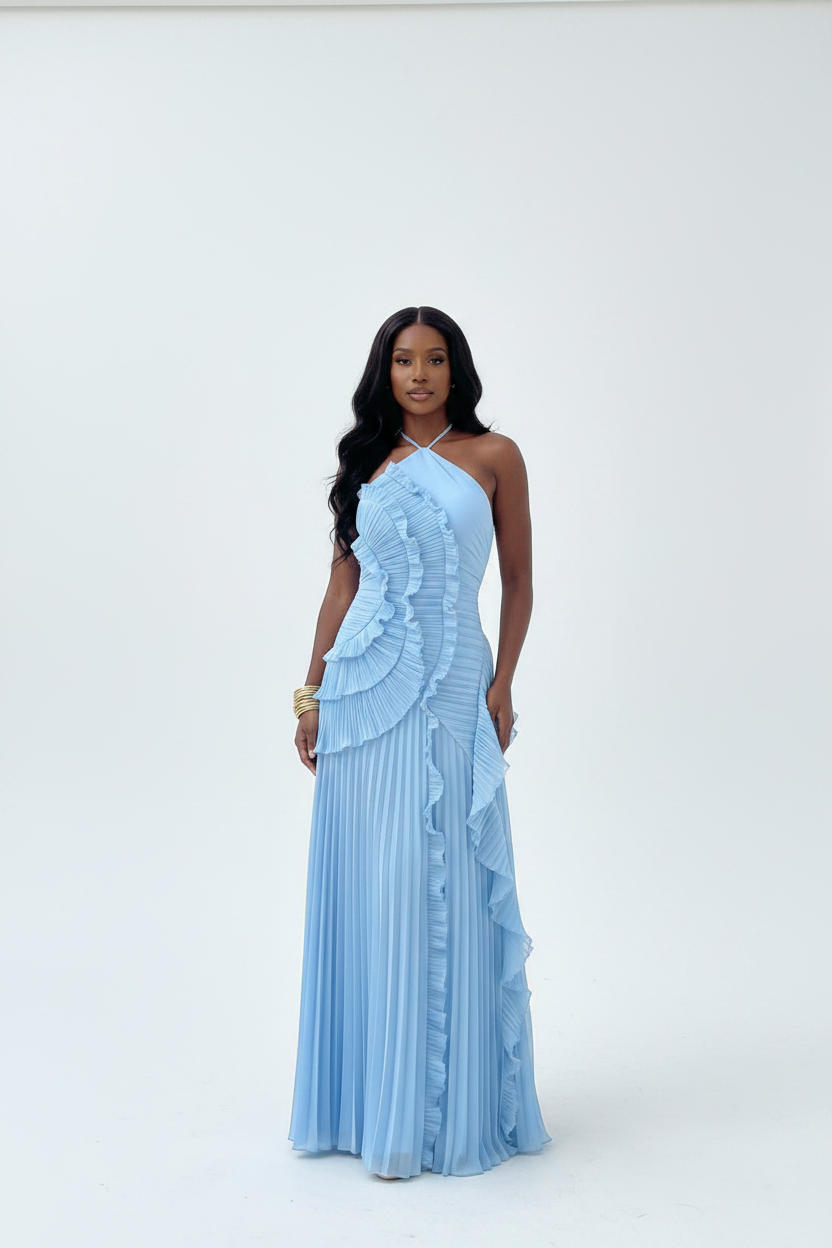 Sky Blue Pleated Ruffle One-Shoulder Maxi Dress